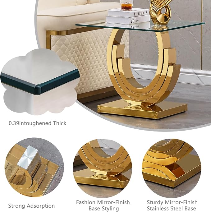 HomVent 22.83" Glass End Table, Living Room Tables, Modern Gold Tempered Glass Top Side Tables Bedroom, Square Small Bed Bedside Eating Table Nightstand for Home Office with Stainless Steel Base
