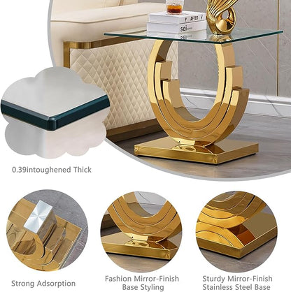HomVent 22.83" Glass End Table, Living Room Tables, Modern Gold Tempered Glass Top Side Tables Bedroom, Square Small Bed Bedside Eating Table Nightstand for Home Office with Stainless Steel Base