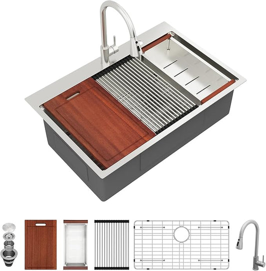 Sarlai 33 Drop In Kitchen Sink with Faucet- 33x22 Inch Drop Kitchen Sink Ledge Workstation Sinks 16 Gauge Stainless Steel Single Bowl Topmount Sinks Basin with Pull-out Faucet