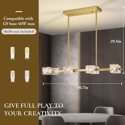 Modern Crystal Chandeliers for Dining Room, 8-Light Gold Rectangular Dining Room Light Fixture, Adjustable Farmhouse Pendant Light with K9 Crystal Cube Shade for Kitchen Island, Living Room, Bedroom