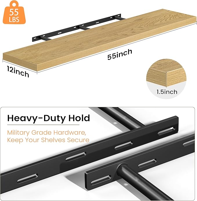Oak Floating Shelves for Wall, 55 Inch Floating Shelves Set of 1, Wall Mounted Rustic Wood Shelf for Bathroom, Living Room, Bedroom and Kitchen, Hanging Shelf for Storage, Books, Home Decor
