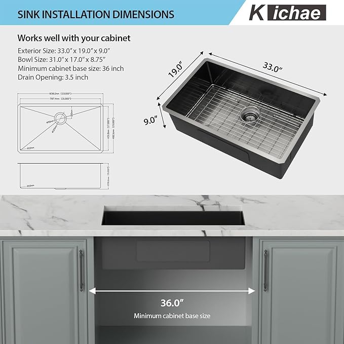 Kichae 33 Black Undermount Kitchen Sink - 33 inch Undermount Sink 16 Gauge Gunmetal Black Stainless Steel Deep Handmade Single Bowl Sink Basin Round Corner