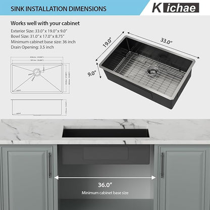 Kichae 33 Black Undermount Kitchen Sink - 33 inch Undermount Sink 16 Gauge Gunmetal Black Stainless Steel Deep Handmade Single Bowl Sink Basin Round Corner
