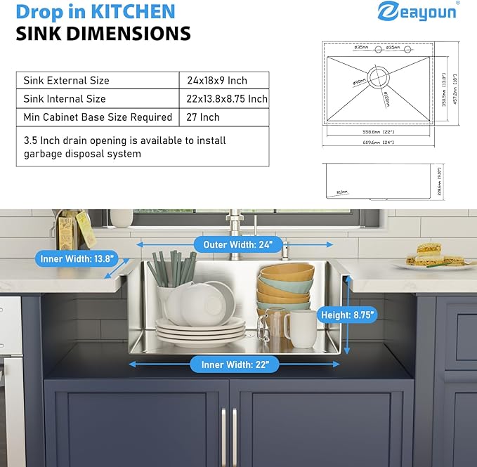 24 Inch Drop in Kitchen Sink 24x18 Drop in Kitchen Sink 16 Gague Topmount Stainless Steel Single Bowl Handmade Sinks Large Deep Basin 24"x18"x9"