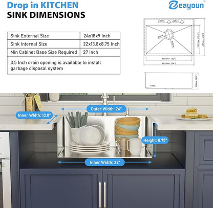 24 Inch Drop in Kitchen Sink 24x18 Drop in Kitchen Sink 16 Gague Topmount Stainless Steel Single Bowl Handmade Sinks Large Deep Basin 24"x18"x9"