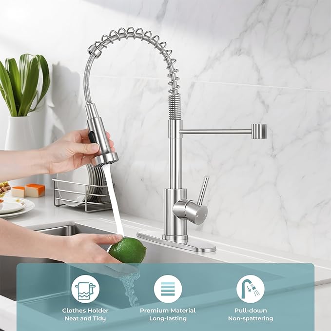 Kitchen Faucet with Pull Down Sprayer,Commercial Single Handle Stainless Steel Kitchen Faucets with Deck Plate (Brush Nickel)