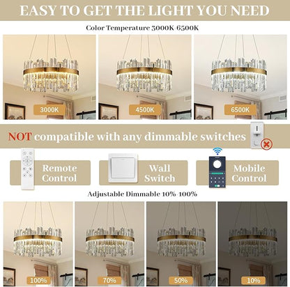 19.7'' Dimmable Modern LED Crystal Chandeliers,Gold Chandelier Light Fixture, 3 Colors Contemporary Pendant Ceiling Light for Dining Room Living Room Kitchen Island Entryway Foyer ,With Remote Control