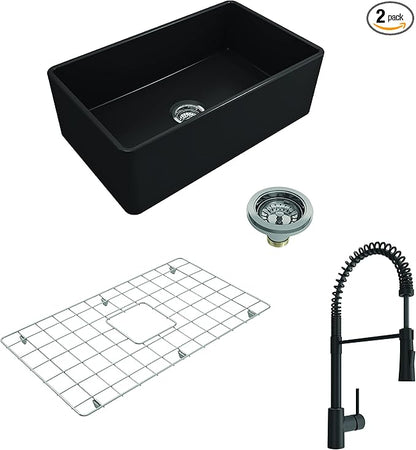 BOCCHI Classico Matte Black Apron Front Fireclay 30 in. Single Bowl Kitchen Sink with Protective Bottom Grid, Strainer, and Matte Black Faucet