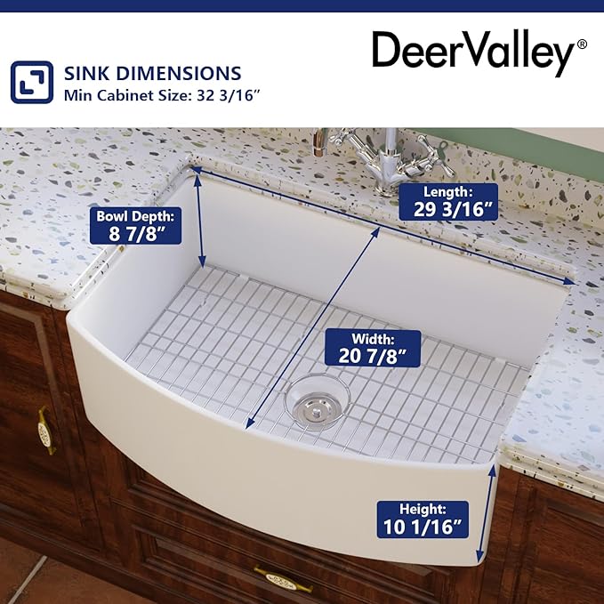 DeerValley Fireclay Farmhouse Kitchen Sink 30 Inch, White Single Bowl Farm Sink, Grove Arch Edge Curved Apron Front Farm Sinks with Bottom Grid & Strainer