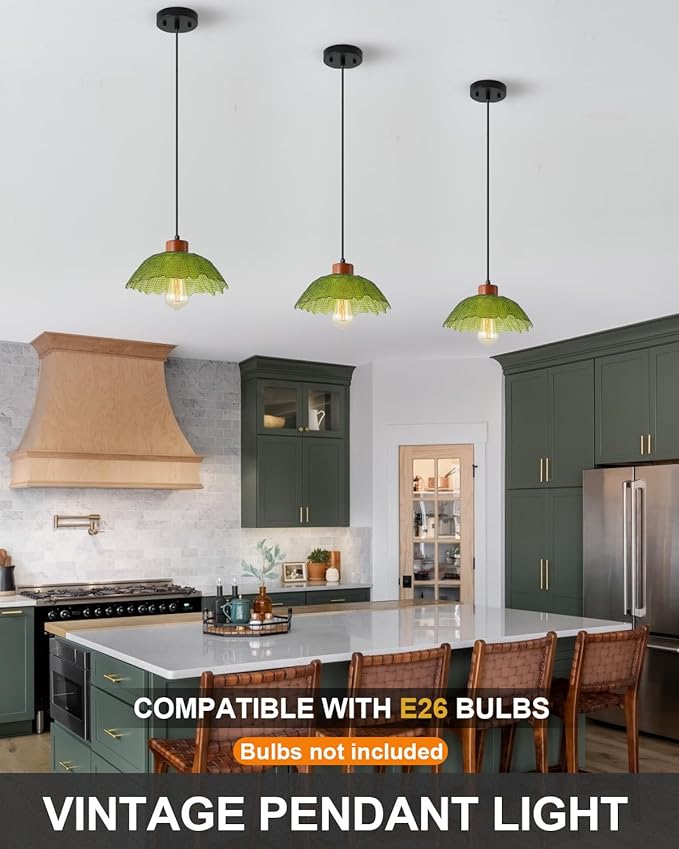 ANYLOVE Vintage Green Hammered Glass Pendant Light,11inch Gradient Petal Ceiling Hanging Lamp,Adjustable Hanging line for Kitchen Island, Dining Room, Bedroom, Hallway,Farmhouse