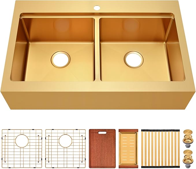 Gold Farmhouse Kitchen Sink 36 x 22 Drop In, 50/50 Double Bowl Farm Sinks, 16 Gauge Stainless Steel Workstation Sink with Ledge & Accessories, 36" x 22" x 10" Large and Deep Double Sink