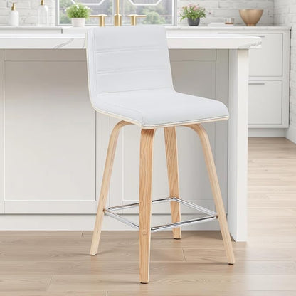 Vienna Modern Counter Height Swivel Bar Stool with White Faux Leather Seat and Patterned Oak Wood Frame Set of 2