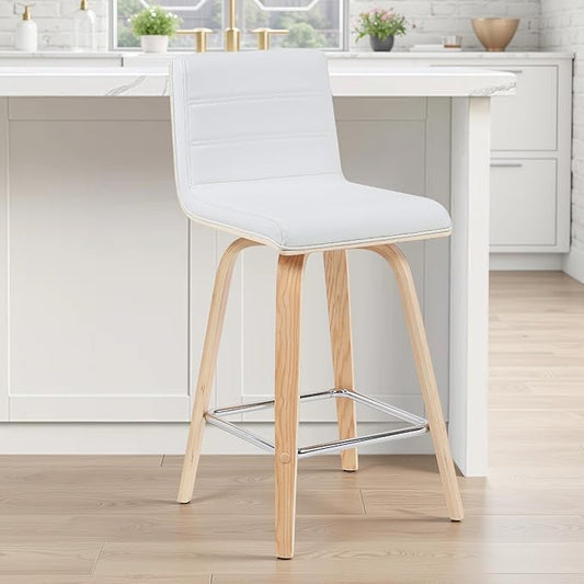 Vienna Modern Counter Height Swivel Bar Stool with White Faux Leather Seat and Patterned Oak Wood Frame Set of 3