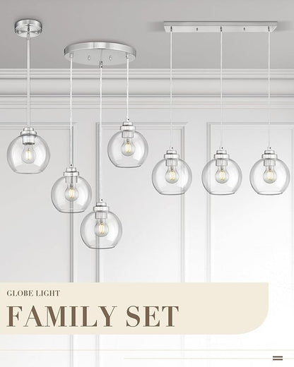 3-Light Globe Island Light, Linear Chandelier with Brushed Nickel Finish, Clear Glass Pendant Light Fixture for Dining Room Kitchen Island Living Room Pool Table, ZCPL101BN-3S
