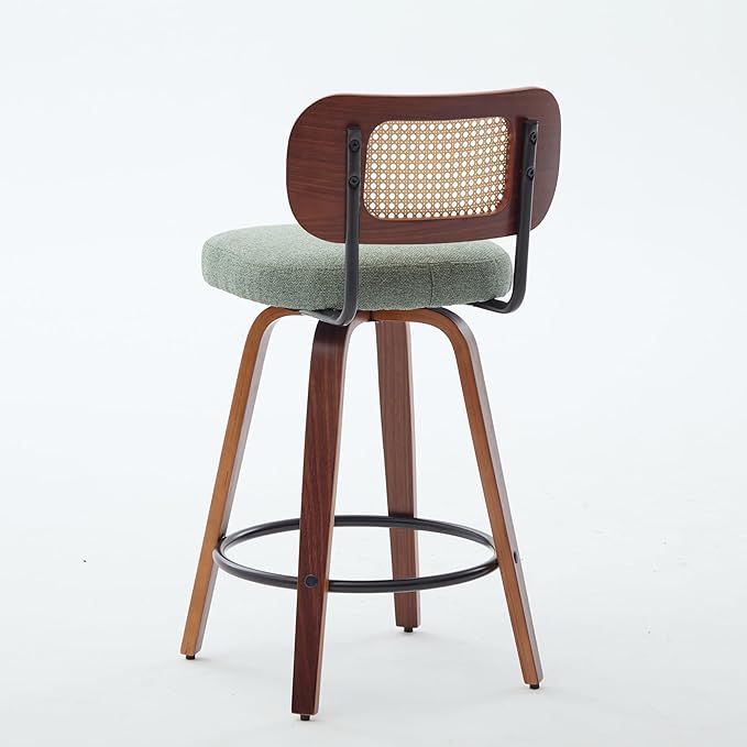 Set of 2 26 Inch Counter Height Bar Stools Walnut Black, Cane Rattan Back, Light Green Linen Upholstered Seat, Swivel for Kitchen Island,Bar,Counter,SW1766OL