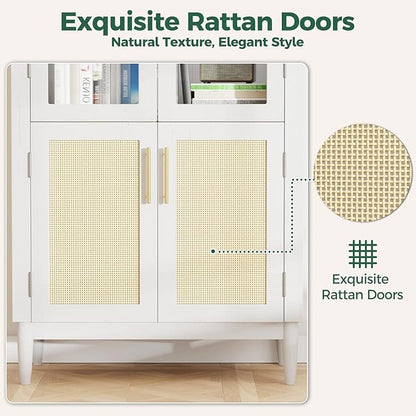 71" Arched Storage Cabinet, 5-Tier Modern Farmhouse Kitchen Pantry Cabinet with Glass & Rattan Doors, Adjustable Shelf for Living Room, Dining Room, or Office, White