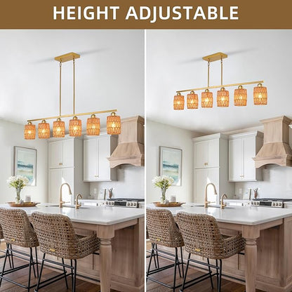 Rattan pendant lights for kitchen island,6-Light Boho Coastal Chandelier Gold,Bohemian Rustic Pendant Light Fixture for Dining Room,Height Adjustable,Farmhouse Woven Hanging Lights Over Table.