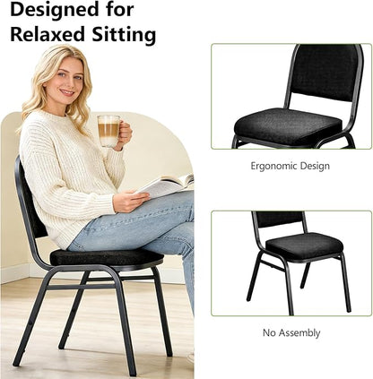 Stackable Banquet Dining Chairs 4 Pack, Upholstered Crown Back Event Chairs with Black Fabric Seat, Heavy Duty Steel Frame, 300 lb Capacity, No Assembly, for Restaurant Wedding Conference