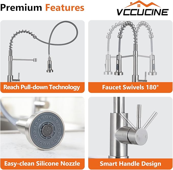 VCCUCINE Kitchen Faucet with Pull Down Sprayer Brushed Nickel Stainless Steel 1 Handle Pull Out Spring Sink Faucets 1 Hole Or 3 Hole Dual Function for Outdoor Utility Camper Laundry Rv Wet Bar