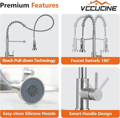 VCCUCINE Kitchen Faucet with Pull Down Sprayer Brushed Nickel Stainless Steel 1 Handle Pull Out Spring Sink Faucets 1 Hole Or 3 Hole Dual Function for Outdoor Utility Camper Laundry Rv Wet Bar