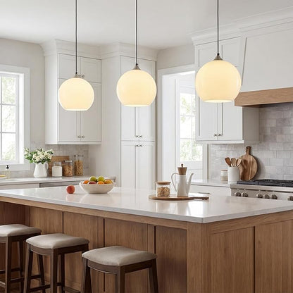 Milky Luster Glass Pendant Lights Kitchen Island Globe Pendant Light Fixtures Modern Pendant Lighting for Bedroom Living Dining Room Light Fixture (9.84 in, 3 Pack)