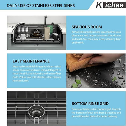 Kichae 33x19 Drop In Kitchen Sink Waterfall - Black Workstation Kitchen Sink Waterfall Stainless Steel 16 Gauge Luxury Handmade Single Bowl Drop Sinks with Faucet Combo & Glass Rinser