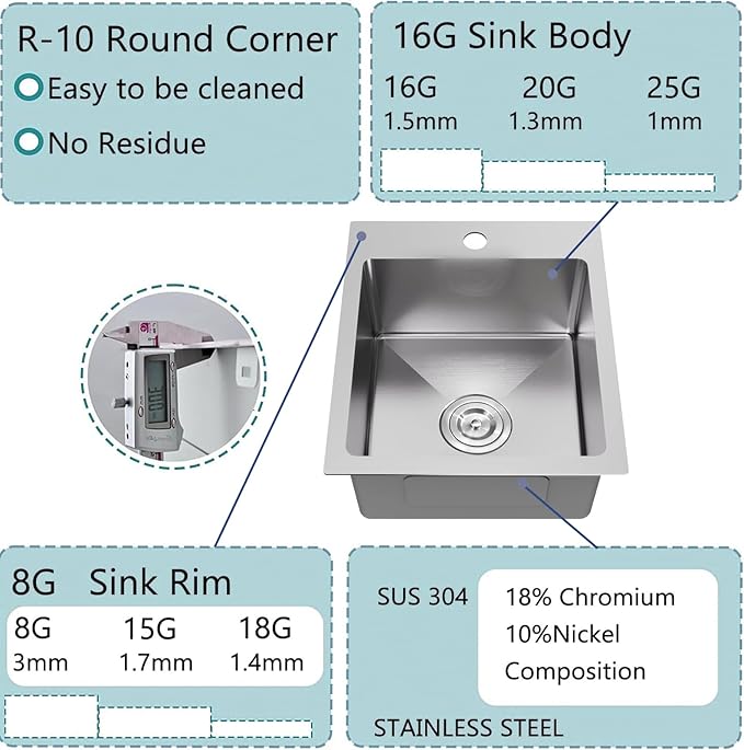 15x17 Inch Bar Sink Drop In, Topmount Kitchen Sink Stainless Steel Square Small Sinks, Single Bowl Kitchen Sinks for Laundry Wet Bar Prep RV Office Outdoor Yard with Grid & Drain