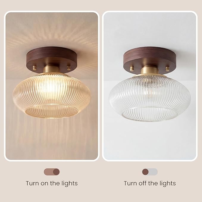 Retro Walnut Base Amber Fluted Glass Ceiling Light – Vintage Ribbed Glass Semi-Flush Mount Fixture with Metal Wood Base, E26 Base 10W Max, for Kitchen Island, Hallway, Bedroom