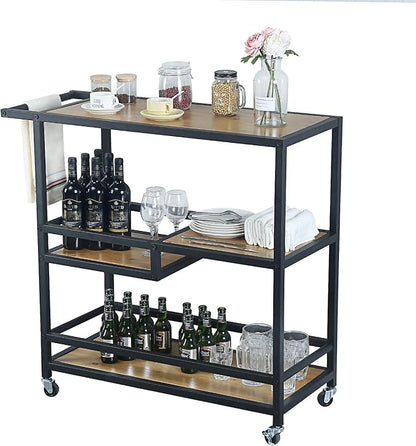 MBQQ Bar and Serving Cart Industrial & Modern Rustic Rolling Bar and Serving Cart,3-Tiered Wood & Metal Kitchen Bar Cart Island with Wheels,Move Storage Coffee/Wine Island Shelf,Black