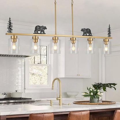 Gold Dining Room Light Fixture/Chandelier Over Table,6-Light Kitchen Island Lighting Hanging for Farmhouse Linear Chandeliers Ceiling Pendant Light Fixtures with Clear Glass Shade