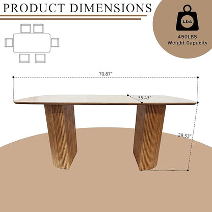 71'' Sintered Stone Dining Table for 6-8 People, Modern Rectangular Kitchen Table with Solid Wood Pedestal, Luxury Mid-Century Dining Room Table for Home Living Room