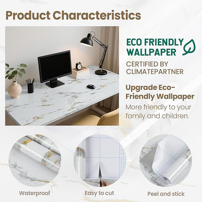 practicalWs Glossy Marble Wallpaper Peel and Stick White/Gold Granite Contact Paper Removable Wall Paper for Kitchen Countertop Cabinet Furniture 35.4" x 118"