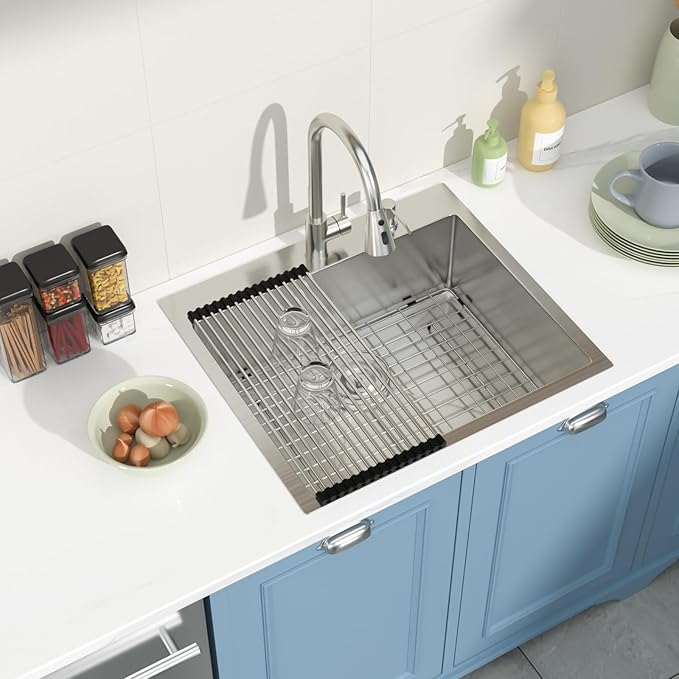 25 Drop In Kitchen Sink With Faucet 25x22 Inch Topmount Sink With Faucet Combo Workstation 16 Gauge Stainless Steel Single Bowl Topmount Basin with All Accessories