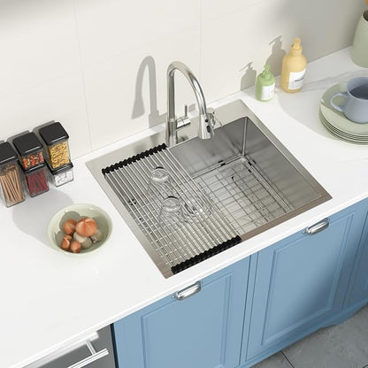 25 Drop In Kitchen Sink With Faucet 25x22 Inch Topmount Sink With Faucet Combo Workstation 16 Gauge Stainless Steel Single Bowl Topmount Basin with All Accessories