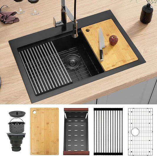 Black Drop In Kitchen Sink 33" X 22",Top Mount 16 Gauge Stainless Steel Workstation Sink,Deep & Large Single Bowl Kitchen Sinks (Black, 33" X 22")