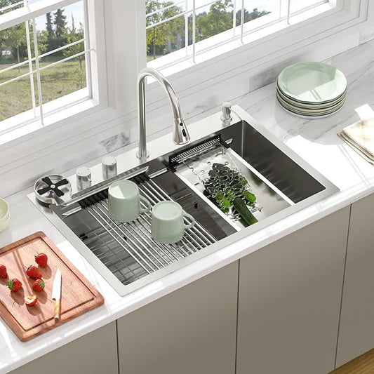30 inch Drop In Kitchen Sink - Beslend 30x22x10 Waterfall Sink with Pull-Down Faucet 16 Gauge Stainless Steel, Double Track Workstation Kitchen Sinks with Faucet Combo, Handmade Dish Basin