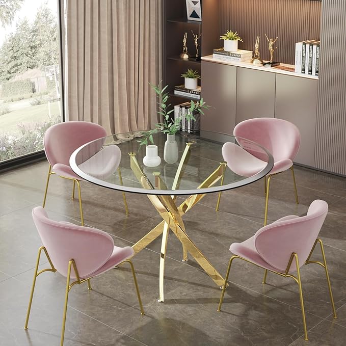 Pvillez 36“ Round Dining Table for 4, Contemporary Tempered Glass Dining Table, Small Dinner Table with Stainless Steel Base, Round Clear Kitchen Table Writing Desk for Dining Kitchen