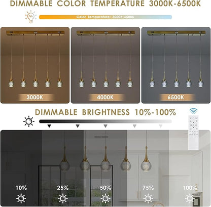 5 Lights Rectangular Gold Crystal Pendant Lights for Kitchen Island Remote Control Dimmable Light Modern Teardrop Chandeliers Lighting Fixtures for Dining Room Living Room