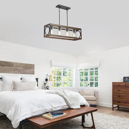 XINGQI 31.5" Industrial Rectangle Chandeliers for Kitchen Island Modern Farmhouse Vintage Linear Hanging 4-Light Fixture for Dining Room Living Room Office Black Wood Grain Finish with Glass Lampshade