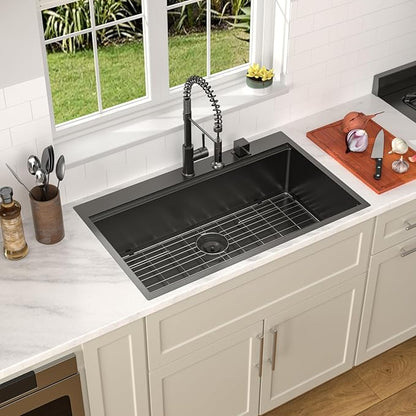 Dcolora 36 Inch Black Kitchen Sink Workstation Drop In Single Bowl Large Sink 16 Gauge Stainless Steel Nano PVD Coating Topmount With Round Corners, #DC-T8864