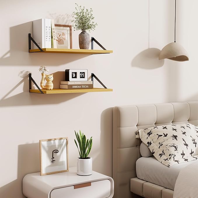 Acovy Deep Floating Shelves,24" Wx10 D Floating Shelf for Wall Set of 2,Hanging Storage Shelf with Metal Brackets,Wide Display Wall Shelves for Living Room,Bedroom,Bathroom,Kitchen,Oak