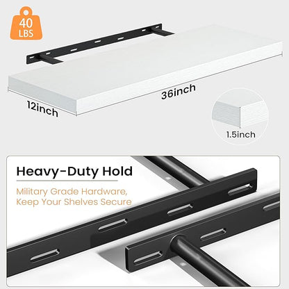 36 Inch White Floating Shelves for Wall, 12 Inch Deep Shelves for Bedroom, Kitchen, Bathroom Wall Mounted, Rustic Wood Floating Shelf with Invisible Brackets for Books, Storage, Decor, 2 Pack