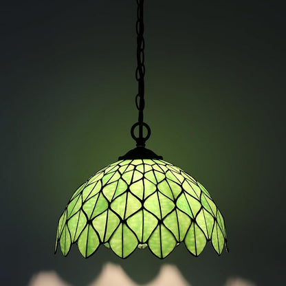 Tiffany Pendant Light Plug-in Stained Glass Hanging Lamp 12”x12”x181” Green Maple Leaf Swag Light Vintage Lighting for Dining Room Living Room Kitchen Hallway Bedroom