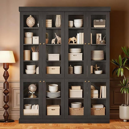 70.8" Farmhouse Kitchen Pantry Cabinet with Glass Doors, Modular Storage Cabinet with 6-Tier Adjustable Shelves, Large Storage Cabinet for Kitchen or Living Room, Set of 2, Black