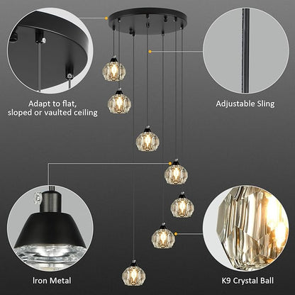 Weesalife Crystal Chandeliers for Staircases, 7-Light Black Modern Chandeliers for High Ceilings，Crystal Pendant Light Fixture for Living Room Kitchen Island Foyer Hallway Bar