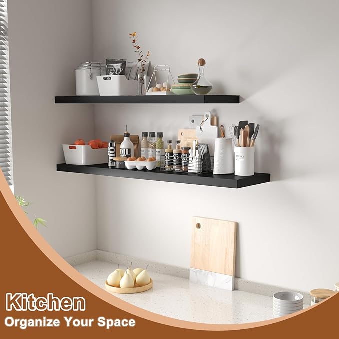 12 Inch Deep Floating Shelves for Wall 2 Pack Floating Shelfs Large Storage Space Wall Decor Display Shelf for Bathroom Living Room Bedroom Kitchen 30" W x 12" D x 1.2" H Black