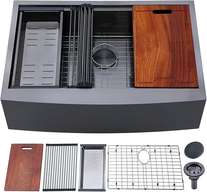 IKEBANA 33 x 22 Inch Black Farmhouse Kitchen Sink, 16 Gauge Stainless Steel Apron Front Workstation Undermount Single Bowl Sink with Accessories