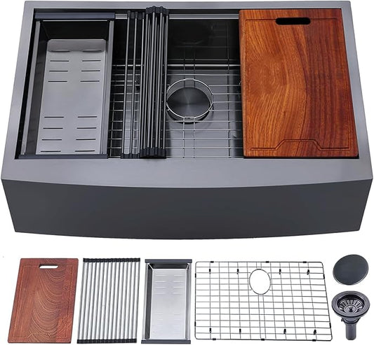IKEBANA 33 x 22 Inch Black Farmhouse Kitchen Sink, 16 Gauge Stainless Steel Apron Front Workstation Undermount Single Bowl Sink with Accessories