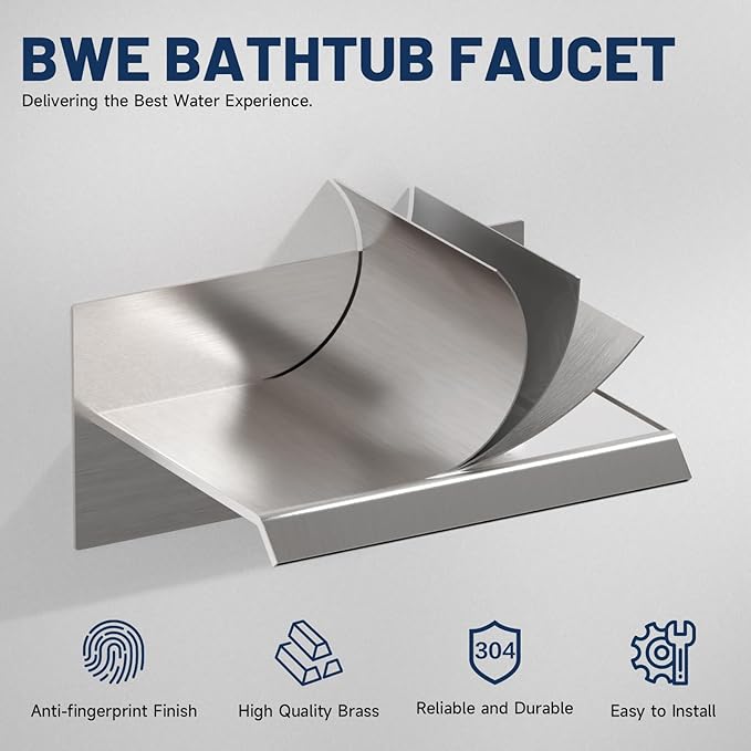 BWE Bathtub Faucet Brushed Nickel Waterfall Bathtub Faucet Wall Mounted Tub Spout Bathroom Tub Filler One Handle Shower Kit Rough-in Valve