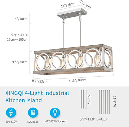 XINGQI 31.5" Farmhouse Dining Room Chandeliers, Large Rectangle Vintage Hanging 4-Light Kitchen Island Lighting,Fixture Rustic Metal Pendant Light, Antique Wood Grain